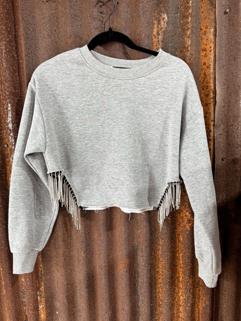 Gray Rhinestone Fringe Sweater- Small